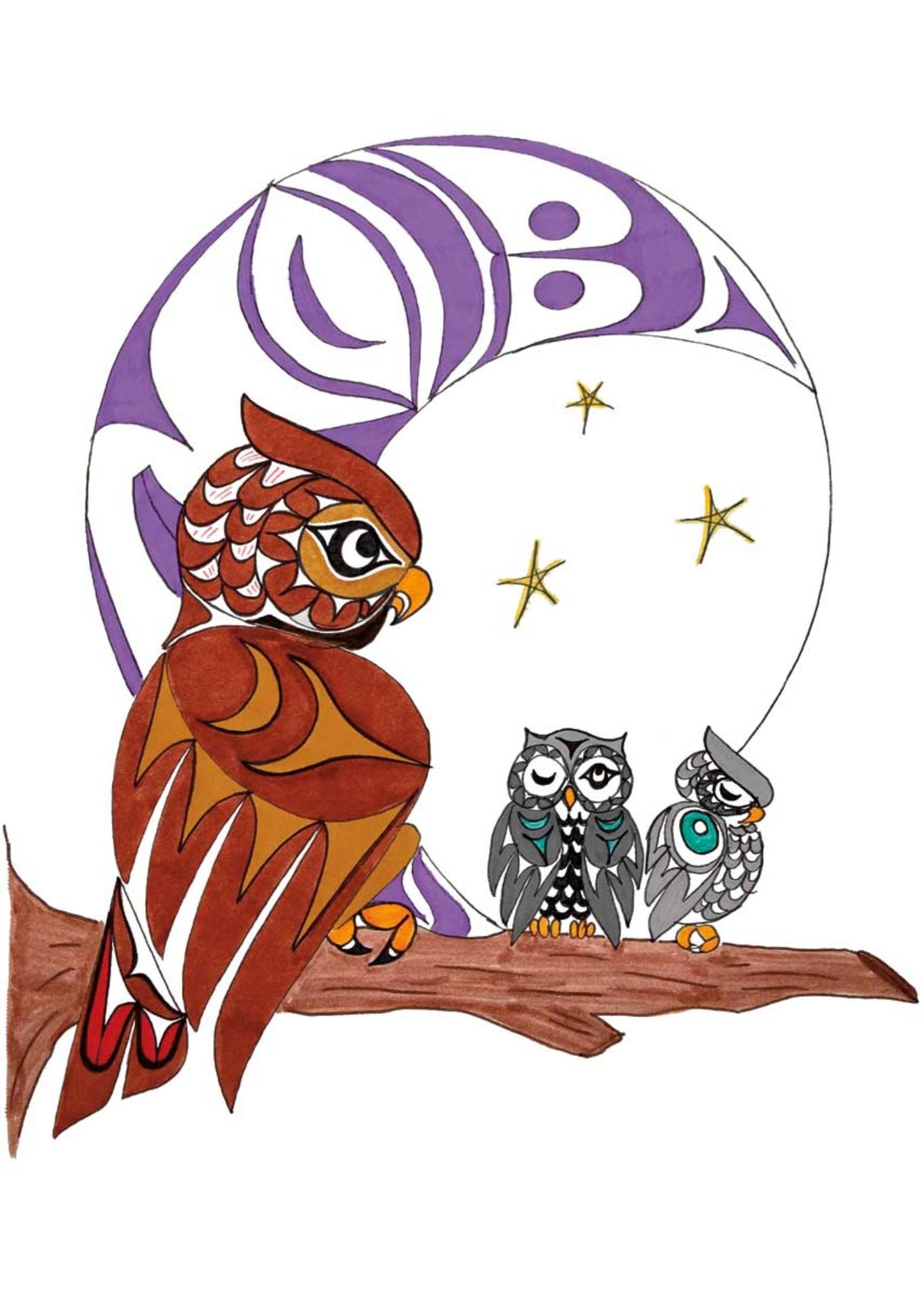 Owl Family by Angela Kimble, Indigenous Art Print, First Nations, Native American Indian Decor