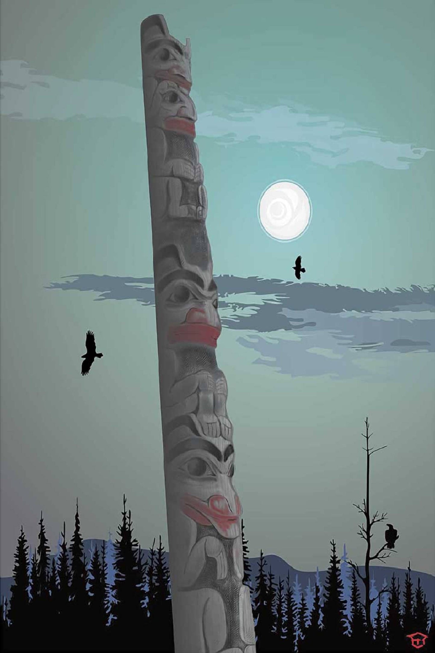 Totem Pole By Mark Preston, Indigenous Art Print, First Nations, Native Americans, Tlingit, Yukon Territory, Framed Art