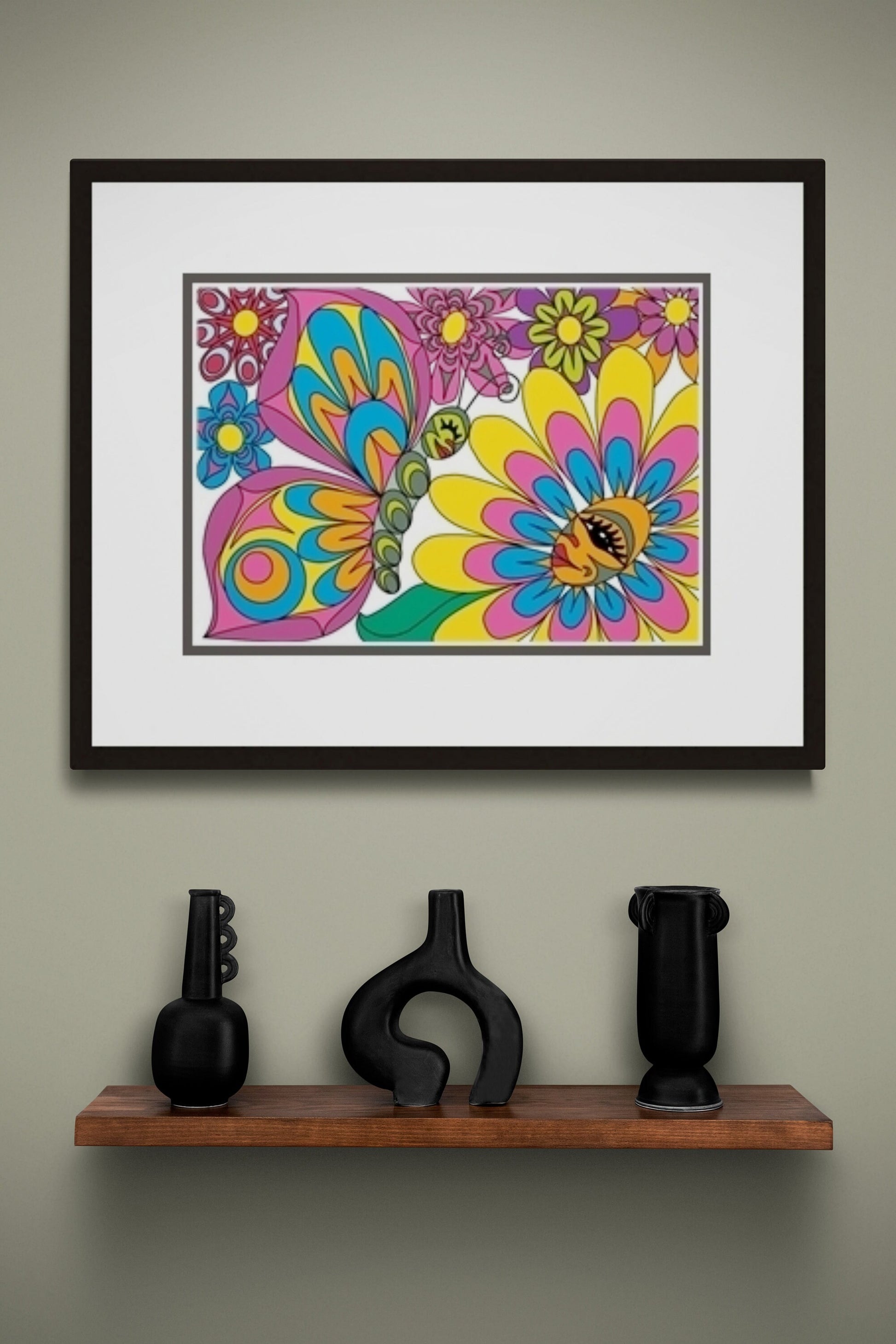 Butterfly And Flowers by Angela Kimble, Indigenous Art Print, First Nations, Native American Indian Decor