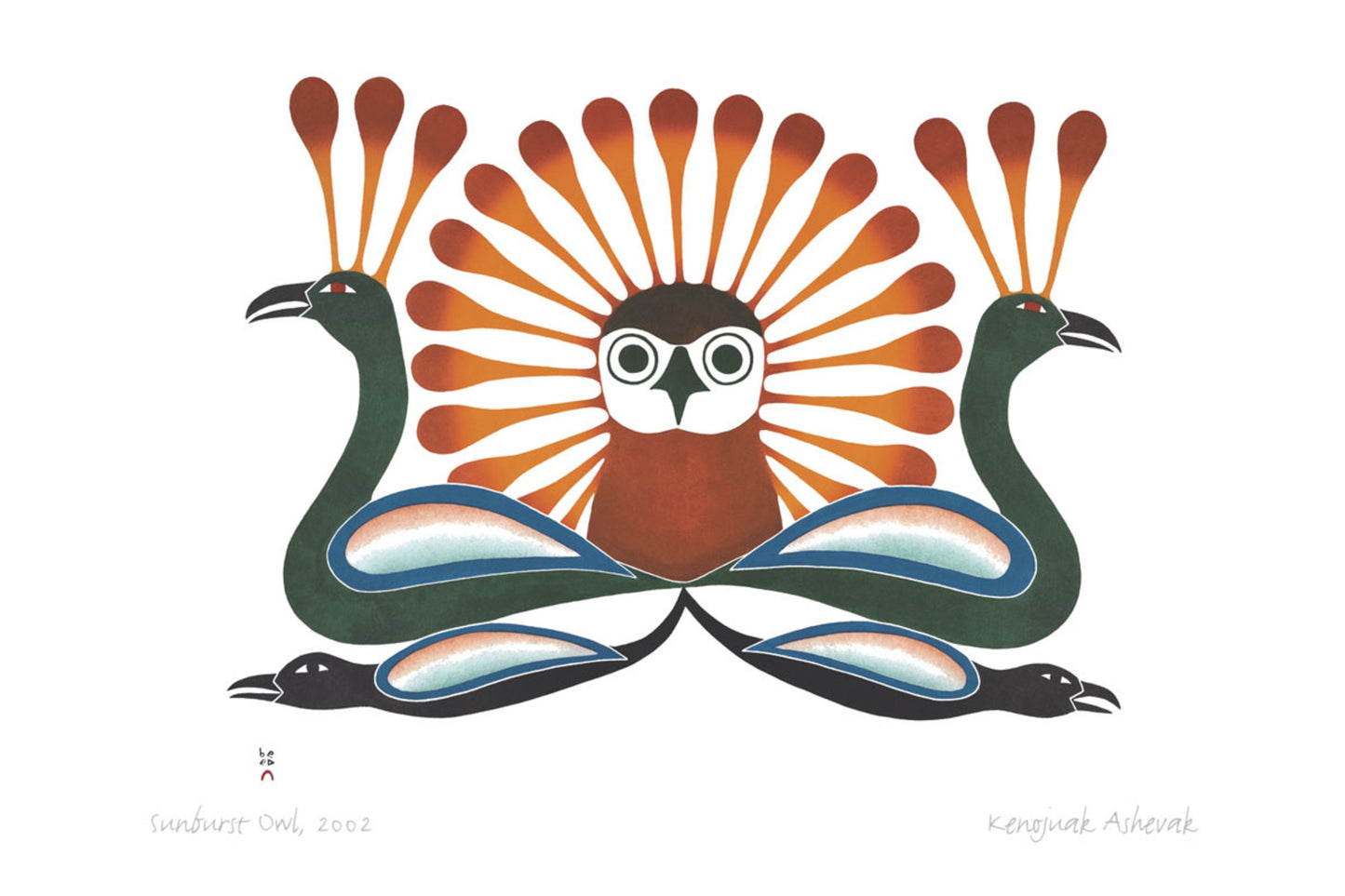 Sunburst Owl, 2002 by Kenojuak Ashevak, Indigenous Inuit Art Card, Aboriginal Decor, Framed Art Card