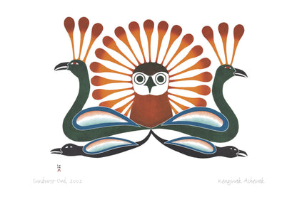 Sunburst Owl, 2002 by Kenojuak Ashevak, Indigenous Inuit Art Card, Aboriginal Decor, Framed Art Card