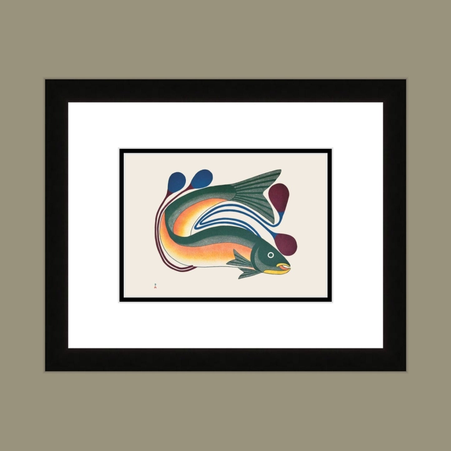 Iqalutsiavak (Beautiful Fish) (Stonecut & Stencil) by Kenojuak Ashevak, Indigenous Inuit Art Card, Aboriginal Decor, Framed Art Card