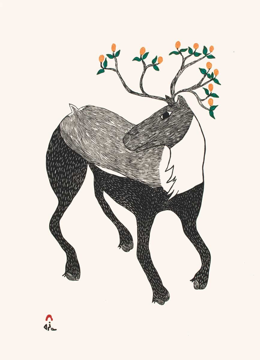 Caribou In Bloom by Ningiukulu Teevee, Indigenous Art Card, Inuit Framed Art Card