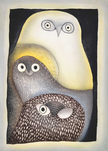 Owls In Moonlight by Ningiukulu Teevee,, Indigenous Art Card, Inuit Framed Art Card