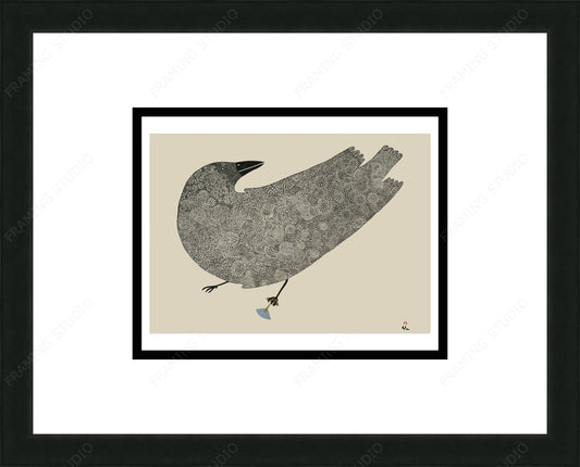 Raven With Ulu by Ningiukulu Teevee, Indigenous Inuit Art Card, Aboriginal Decor, Framed Art Card