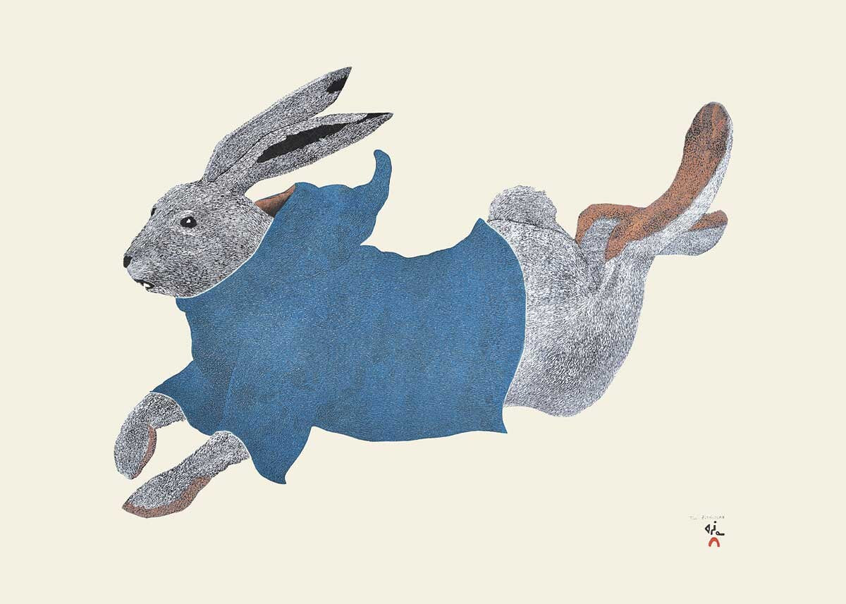 Qimaajuq Ukali (Running Rabbit), 2016 by Tim Pitsiulak, Indigenous Art Card, Inuit Framed Art Card