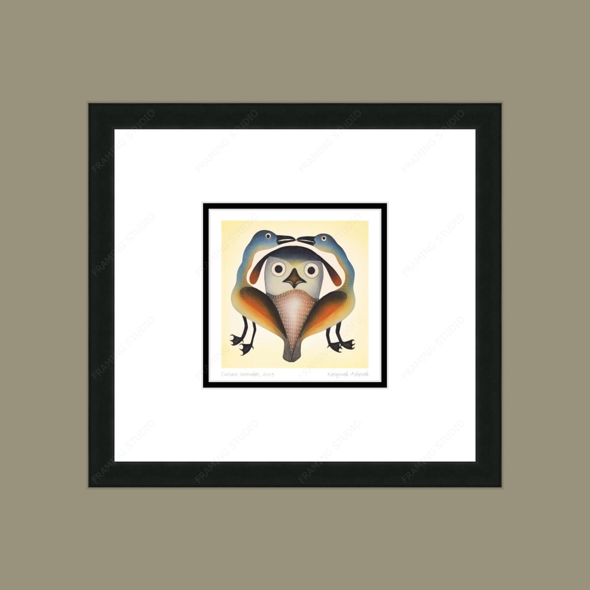 Curious Intruder, 2009 by Kenojuak Ashevak, Indigenous Inuit Art Card, Aboriginal Decor, Framed Art Card