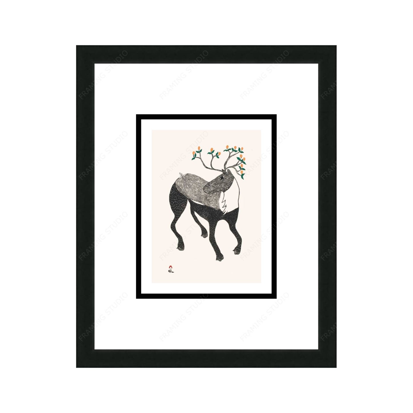 Caribou In Bloom by Ningiukulu Teevee, Indigenous Art Card, Inuit Framed Art Card