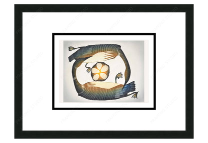 Two Loons Nesting by Ningiukulu Teevee, Indigenous Inuit Art Card, Aboriginal Decor, Framed Art Card