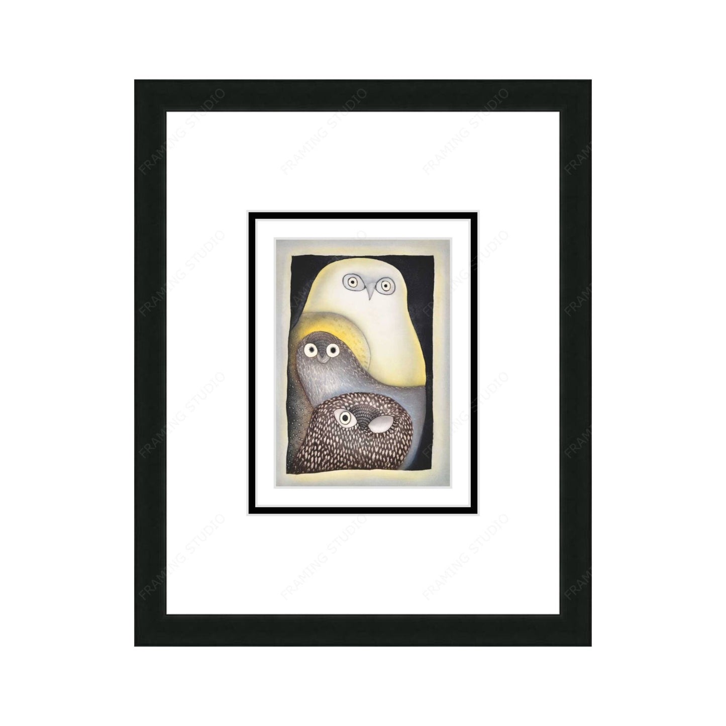 Owls In Moonlight by Ningiukulu Teevee,, Indigenous Art Card, Inuit Framed Art Card