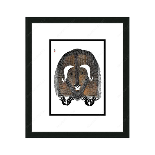 Omingmungjuaq (Humongous Musk Ox), 1977 by Kananginak Pootoogook, Indigenous Art Card, Inuit Framed Art Card