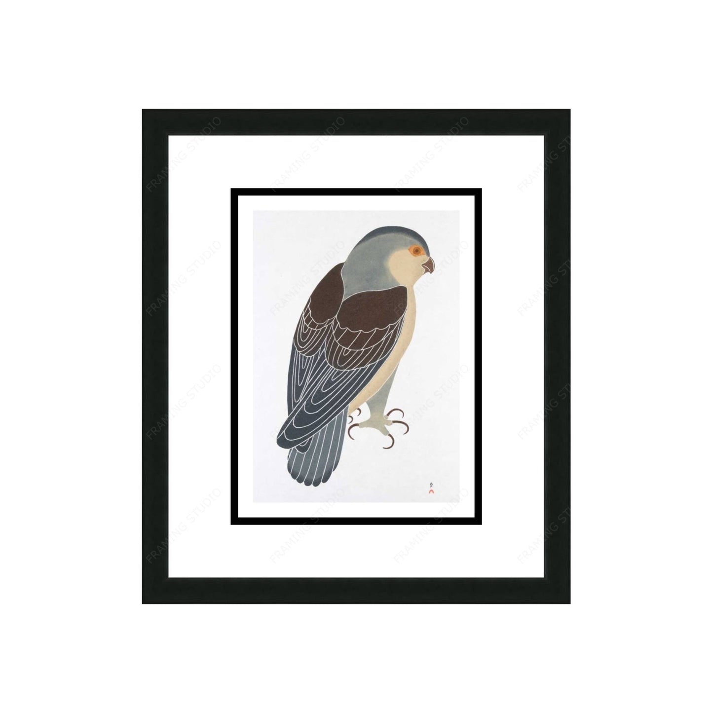 Watchful Falcon, 1989 by Kananginak Pootoogook, Indigenous Art Card, Inuit Framed Art Card