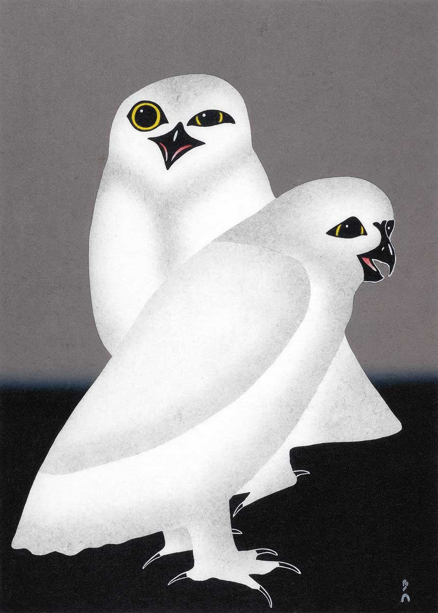 Unnuarsiut Uppiik (Night Owls) by Kananginak Pootoogook, Indigenous Art Card, Inuit Framed Art Card