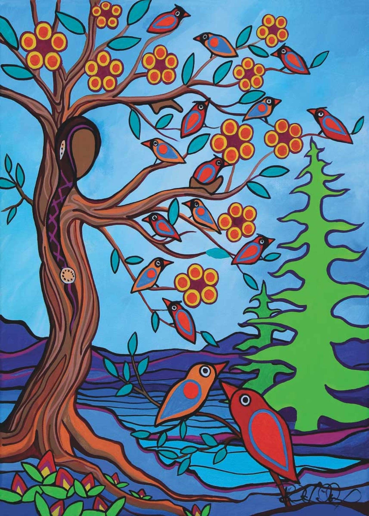 Mother Earth With Her Birds by Pam Cailloux, Indigenous Art Card, Framed Art Card, Métis Artist