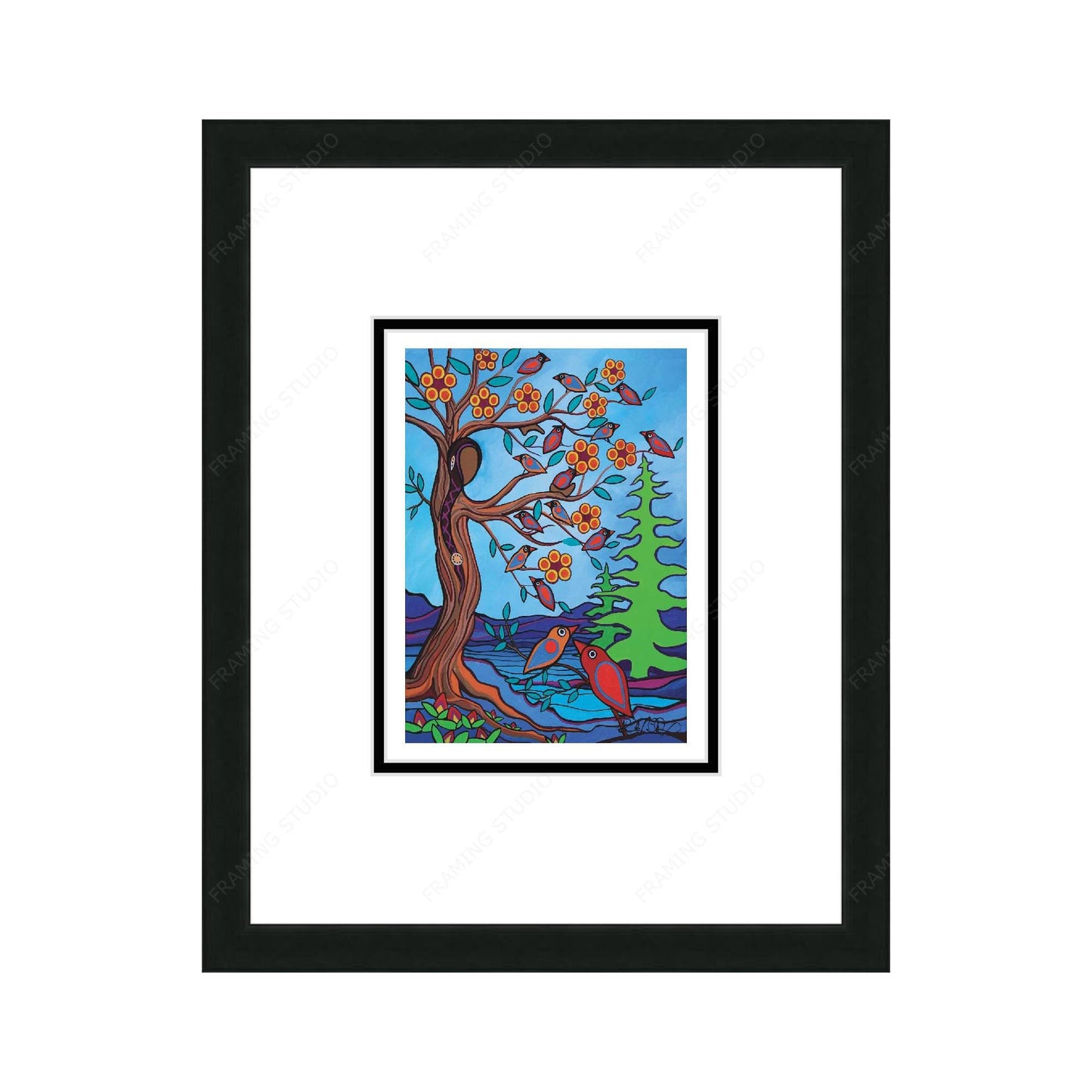 Mother Earth With Her Birds by Pam Cailloux, Indigenous Art Card, Framed Art Card, Métis Artist