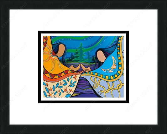 Two Sisters Three Skies by Pam Cailloux, Indigenous Art Card, Framed Art Card, Métis Artist