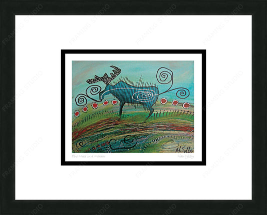 Blue Moose In A Meadow by Alan Syliboy, Indigenous Art Card, Framed Art Card, Mi’kmaq Artist