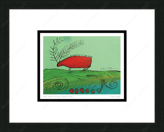 Red Caribou Eating Summer Grass by Alan Syliboy, Indigenous Art Card, Framed Art Card, Mi’kmaq Artist