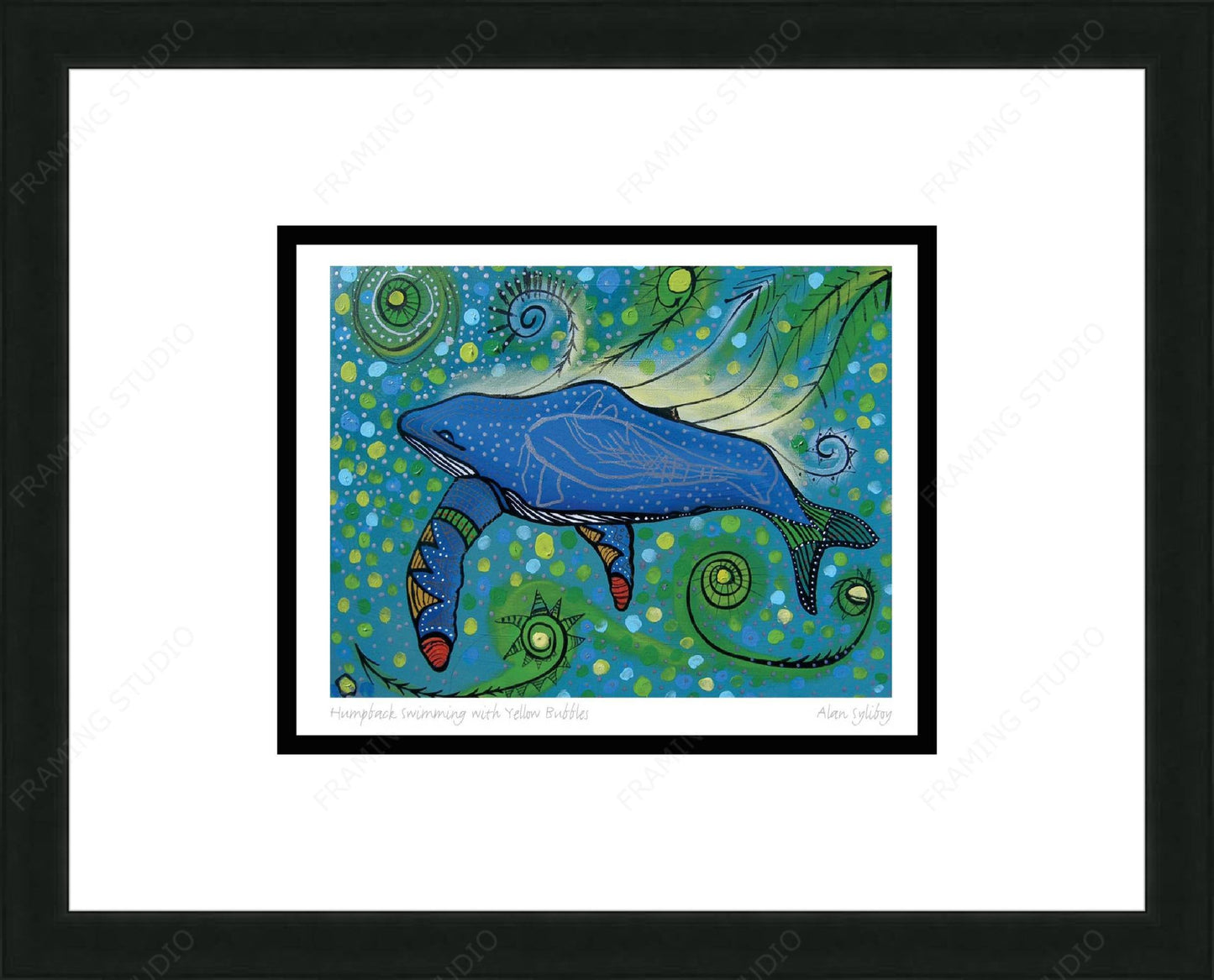 Humpback Swimming With Yellow Bubbles by Alan Syliboy, Indigenous Art Card, Framed Art Card, Mi’kmaq Artist