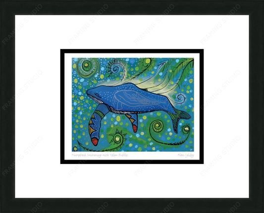 Humpback Swimming With Yellow Bubbles by Alan Syliboy, Indigenous Art Card, Framed Art Card, Mi’kmaq Artist