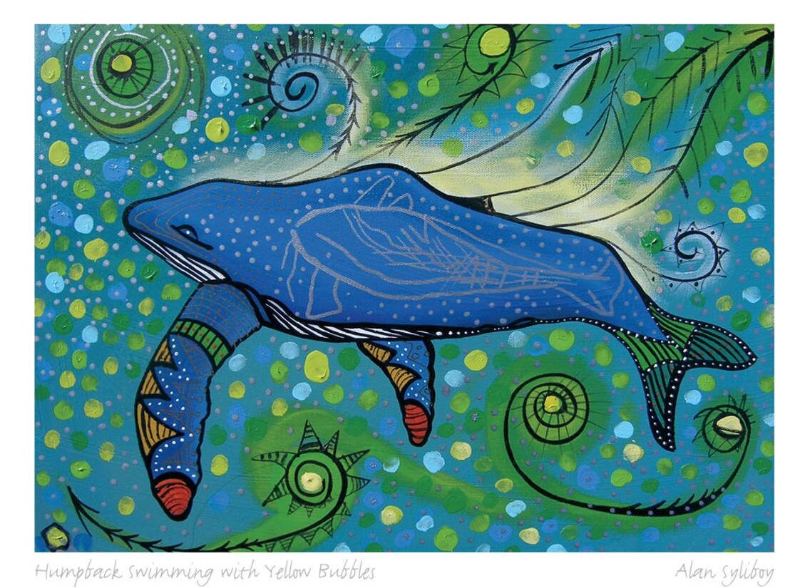 Humpback Swimming With Yellow Bubbles by Alan Syliboy, Indigenous Art Card, Framed Art Card, Mi’kmaq Artist