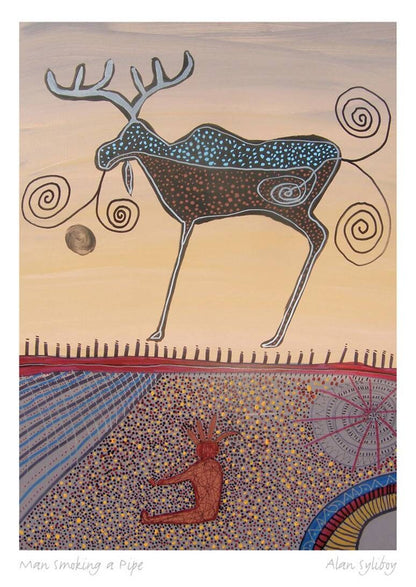 Man Smoking A Pipe by Alan Syliboy, Indigenous Art Card, Framed Art Card, Mi’kmaq Artist