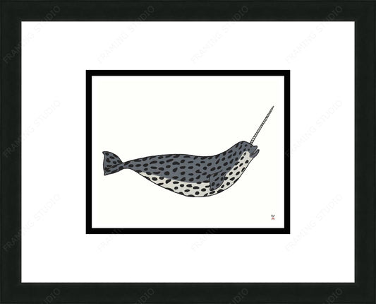 Happy Narwhal by Pauojoungie Saggiak, Inuit Art Card, Framed Art Card