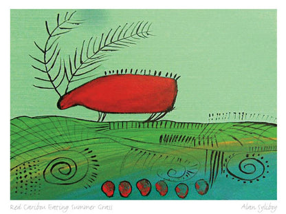 Red Caribou Eating Summer Grass by Alan Syliboy, Indigenous Art Card, Framed Art Card, Mi’kmaq Artist