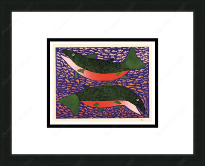 Bountiful Sea by Pitseolak Niviaqsi, Inuit Art Card, Framed Art Card, Fish