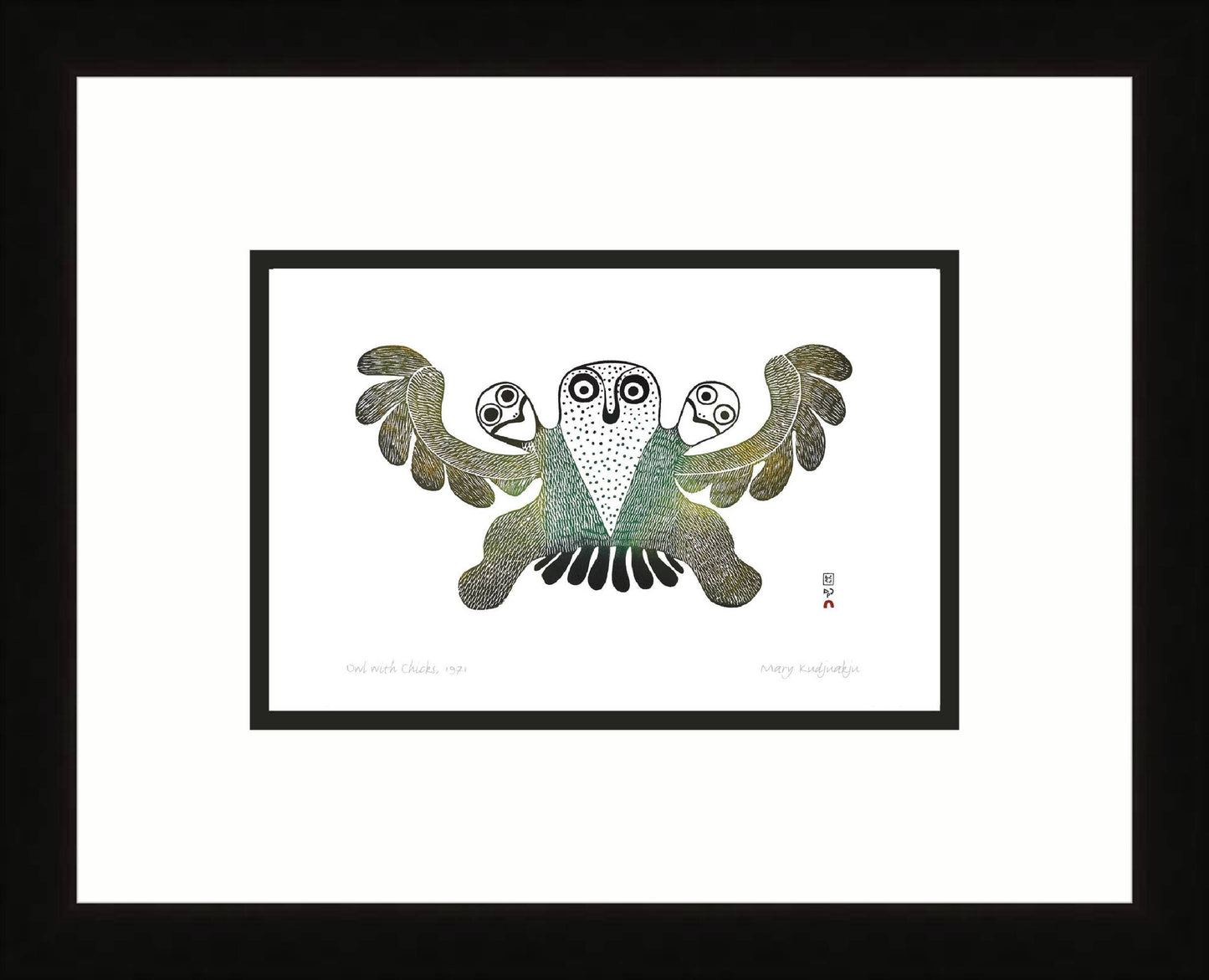 Owl With Chicks, 1971 by Mary Kudjuakju (1908 - 1982),  Inuit Art Card, Framed Art Card