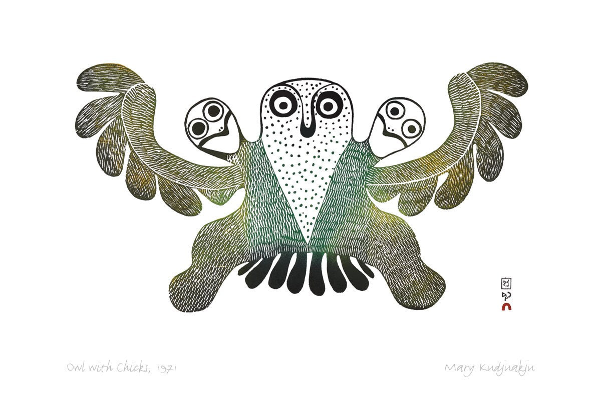 Owl With Chicks, 1971 by Mary Kudjuakju (1908 - 1982),  Inuit Art Card, Framed Art Card