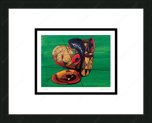 A Lullaby By Shelly Fletcher, Framed Artcard, Indigenous Art, Indigenous beating a drum