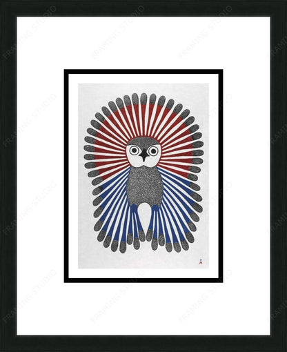 Vibrant Young Owl, 2001 by Kenojuak Ashevak, Indigenous Inuit Art Card, Aboriginal Decor, Framed Art Card