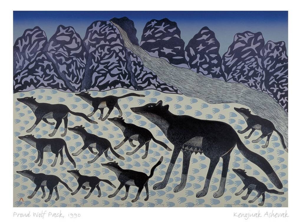 Proud Wolf Pack, 1990 by Kenojuak Ashevak, Indigenous Inuit Art Card, Aboriginal Decor, Framed Art Card