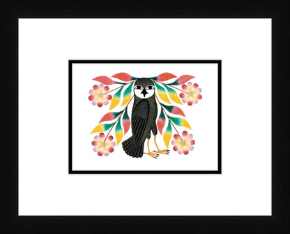 Owl’s Bouquet, 2007 (Stonecut & Stencil) by Kenojuak Ashevak, Indigenous Inuit Art Card, Aboriginal Decor, Framed Art Card