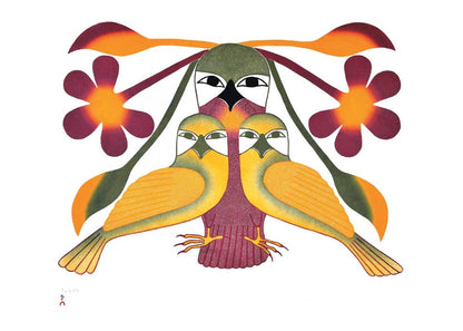 Resplendent Owls, 2005 (Stonecut And Stencil) by Kenojuak Ashevak, Indigenous Inuit Art Card, Aboriginal Decor, Framed Art Card