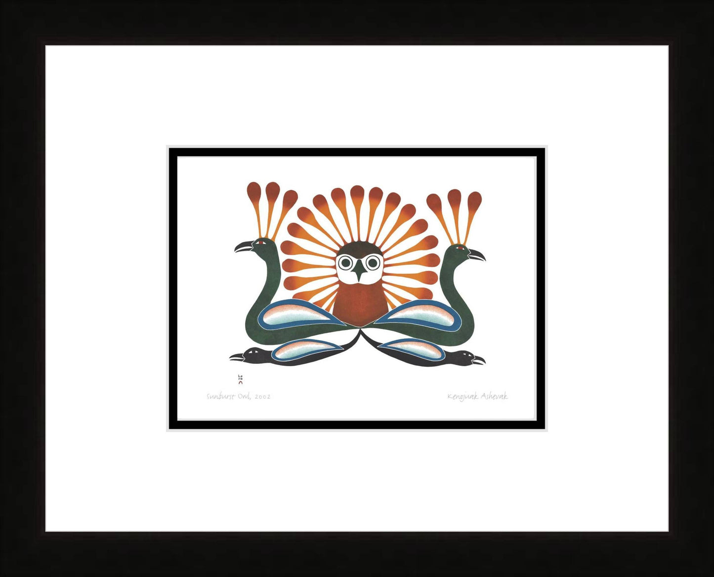 Sunburst Owl, 2002 by Kenojuak Ashevak, Indigenous Inuit Art Card, Aboriginal Decor, Framed Art Card