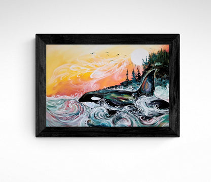 Killer Whale Sunset By Carla Joseph, Indigenous Art Print, First Nations, Native Americans, Cree, Métis, Framed Art