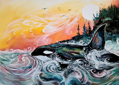 Killer Whale Sunset By Carla Joseph, Indigenous Art Print, First Nations, Native Americans, Cree, Métis, Framed Art